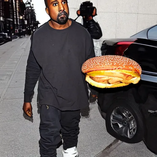 Image similar to kanye west carrying a giant cheeseburger