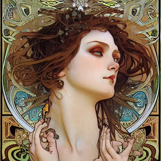 Prompt: realistic detailed face portrait of a Lilith by Alphonse Mucha, Ayami Kojima, Amano, Karol Bak, Greg Hildebrandt, and Mark Brooks, Art Nouveau, Neo-Gothic, gothic, rich deep colors