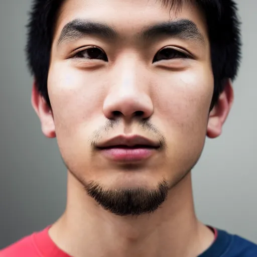 Prompt: a young asian man with a square face, short thick curly black hair and swarthy skin, close up portrait