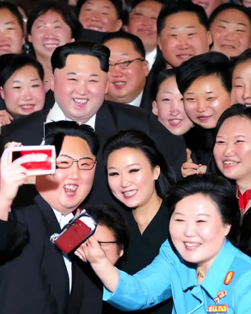 Prompt: phone photo of excited fans taking picture with Kim Jong-Un at a exclusive backstage meet and greet, realistic, 4k, 8k