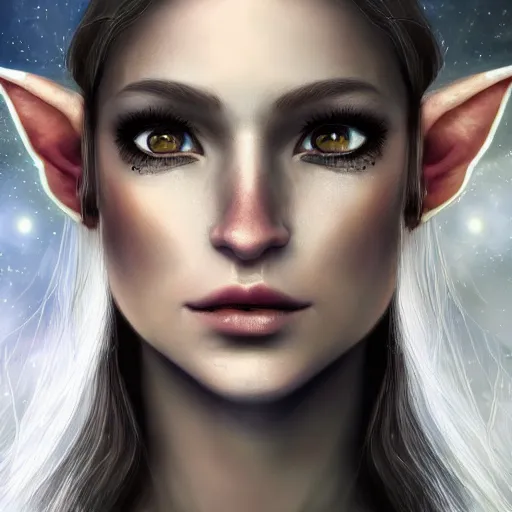 Image similar to masterpiece digital painting realistic portrait of beautiful elf goddess, 3 0 years woman, close face view, soft face, moonlight, elf forest background, at night, by luis royo, warcraft, artstation, deviantart, unreal engine, 8 k, cinematic lights