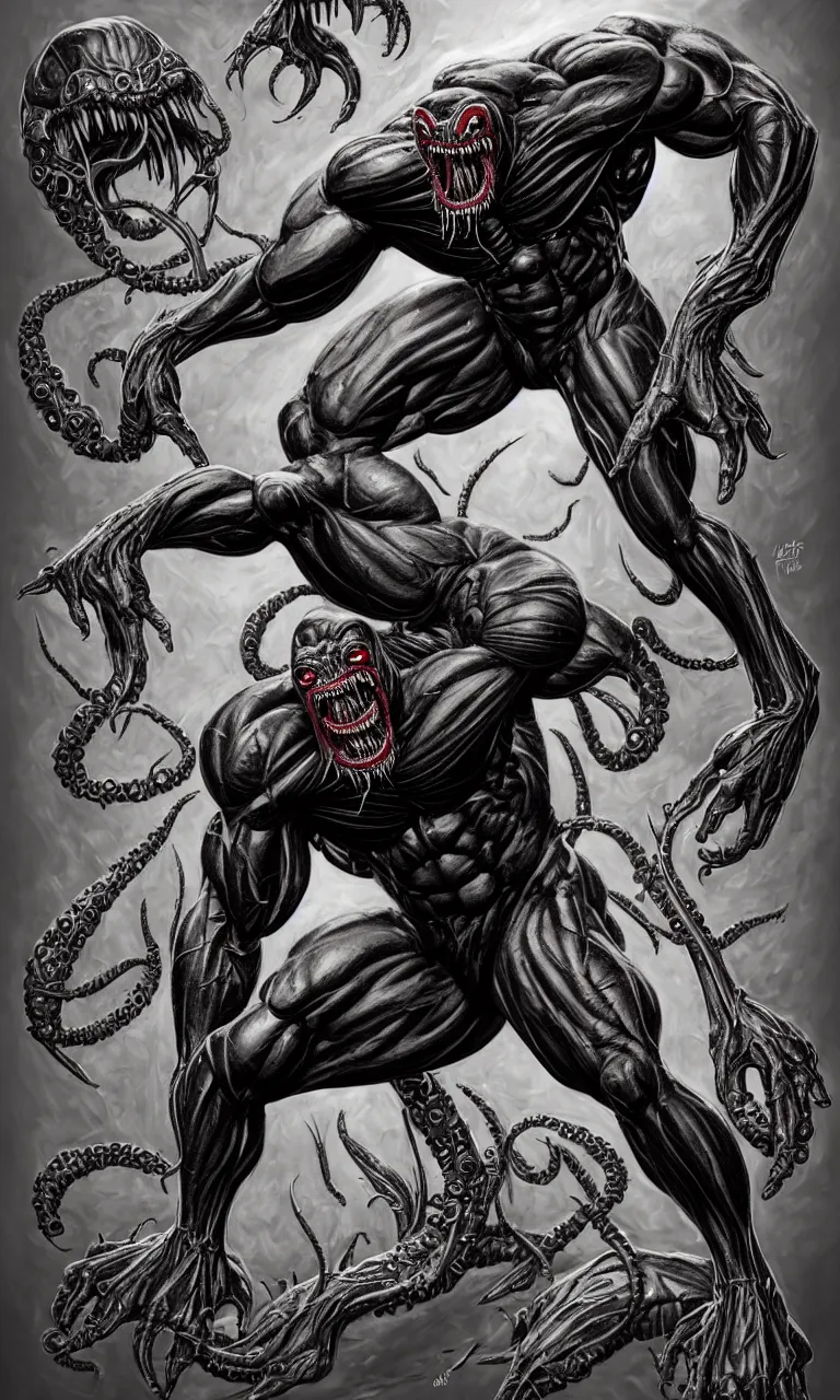 Image similar to legs and feets study of hyper realist full body long shot portrait of bodybuilder venom from marvel comics!!!!, large mouth with teeth, large tongue, lovecraftian horror!!, fantasy, intricate, elegant, highly detailed, digital painting, artstation, concept art, matte, sharp focus, illustration, art by glenn fabry and giger