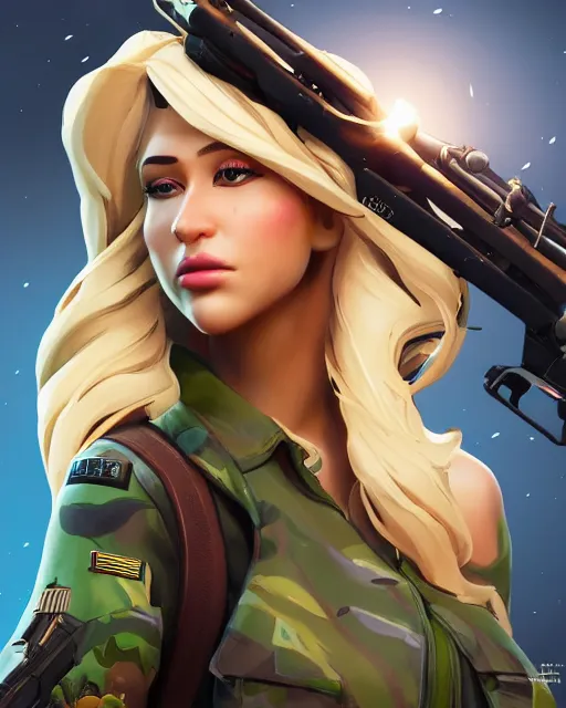 Image similar to beautiful blonde female sniper, award winning creature portrait photography, extremely detailed, artstation, 8 k, sensual lighting, incredible art, fortnite, wlop, artgerm, backlit, rim lighting, hi - fructose