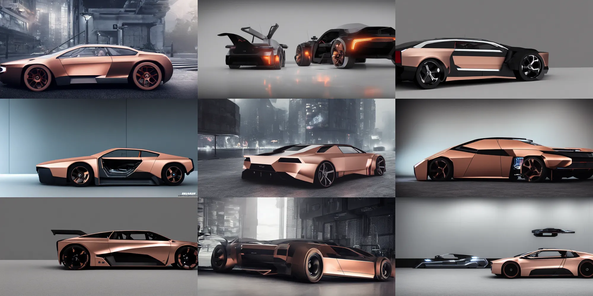 Image similar to a design of a futuristic DMC Delorian, designed by Polestar, blade runner background, back view, light copper car paint, black windows, sportscar, black show room, dramatic lighting, octane rendering, unreal engine rendering, hyper realistic render, depth of field, octane rendering