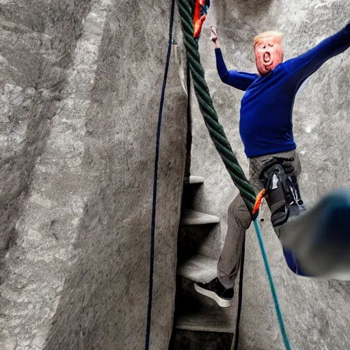 Prompt: Donald Trump struggling to climb a staircase, with climbing gear and ropes on, screaming, angry, 4k, high quality photograph