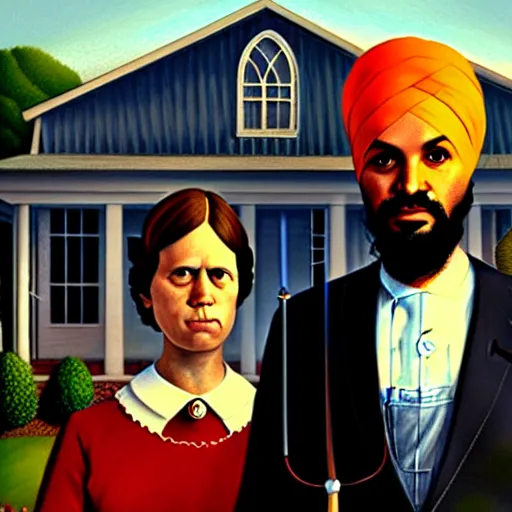 Image similar to Justin Trudeau with Jagmeet Singh in the american gothic painting, concept art, sharp focus, highly detailed digital painting by Grant Wood, artstation