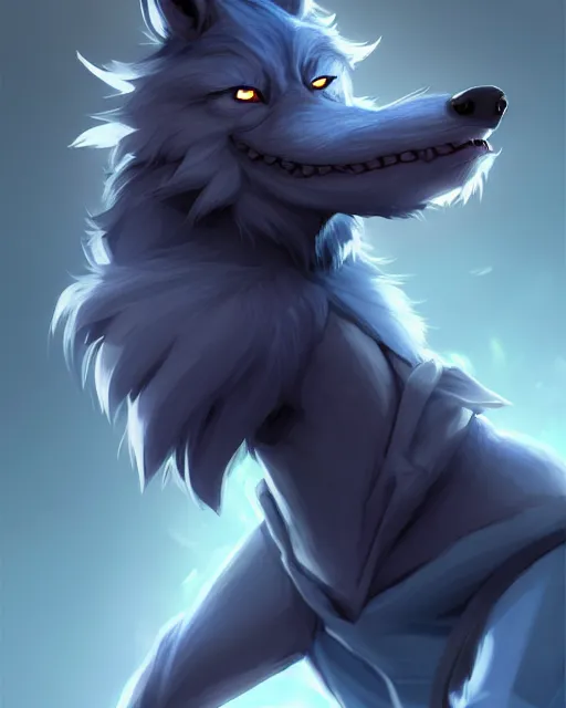 Image similar to character concept art, cute adult male anthropomorphic furry, cute fine face, darkblue werewolf, pants, pretty face, key visual, long human lightblue hair, realistic shaded furry face, fine details by stanley artgerm lau, wlop, rossdraws, james jean, andrei riabovitchev, marc simonetti, and sakimichan