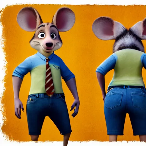 Prompt: 3 d render, portrait, headshot, closeup, anthropomorphic mouse, female, wearing denim short shorts and a off yellow tank top, in the style of zootopia, closeup