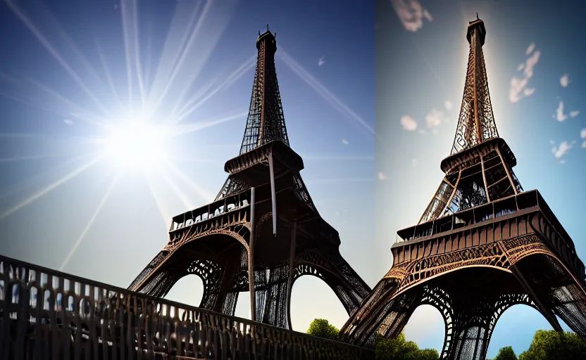 Prompt: photorealistic Eiffel Tower Destroyed. daylight. sunlight. lens flare. light fixtures. 8K. detailed. photorealism. artstation. 25mm f/1.7 ASPH Lens. ultra realistic