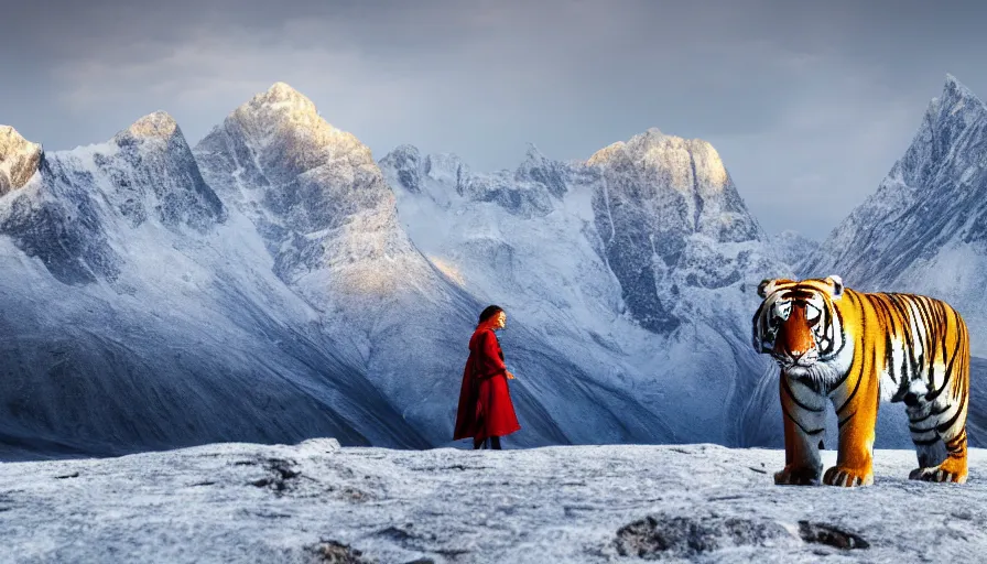 Image similar to a photo - realistic arctic landscape in wide angle, majestic snow - topped mountains in the background, a tiger and an indian warrior woman ( intricate armor in earthern red ) in the foreground, predominantly colors, wide angle, 1 8 mm, depth of field, early morning light, moody, atmospheric, 8 k, national geographic