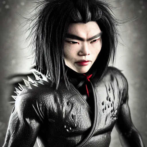 Image similar to mazoku martial artist, handsome japanese demon boy, young adult yokai with long spiky black hair, vampiric skin, vantablack gi, red eyes, ultra realistic, intricate details, highly detailed, subsurface scattering, photorealistic, octane render, 8 k, art by artgerm, greg rutkowski, magali villeneuve, alphonse mucha