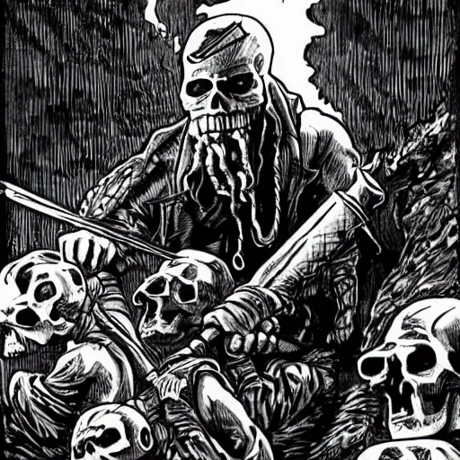 Prompt: A sword stuck in the ground, with a skull lying next to it. Close Up Shot, Dark Fantasy, Film Noir, Black and White. High Contrast, Mike Mignola, D&D, OSR