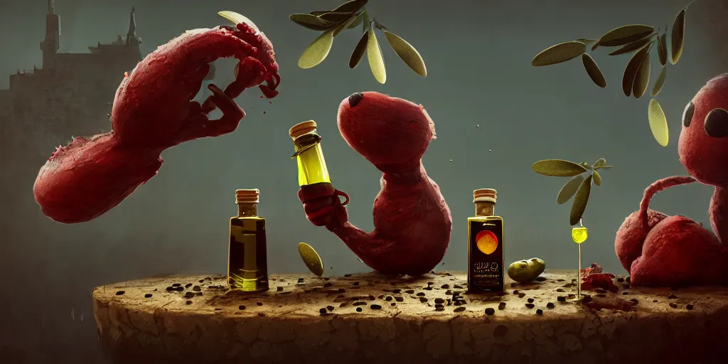 Prompt: olive oil made of blood. cute, illustration, digital art, inspired by little big planet, by greg rutkowski, detailed, sharp, masterpiece, highly detailed, photorealistic, octane render, 8 k, unreal engine 5, trending on artstation