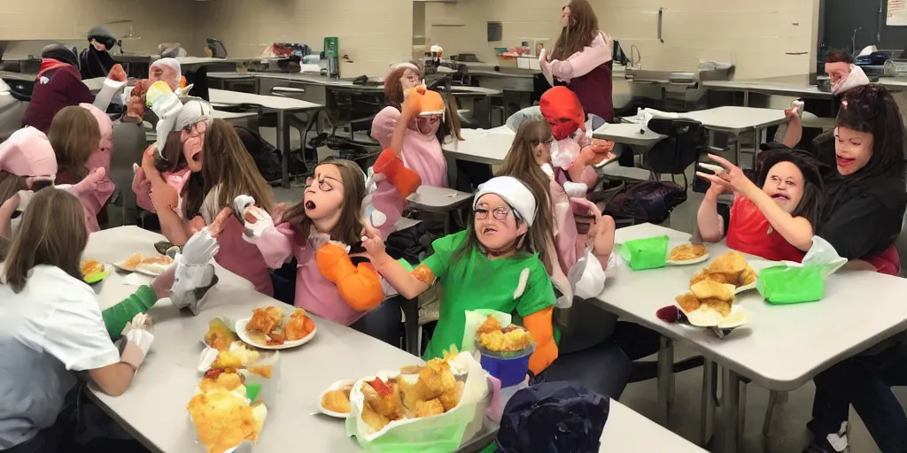 Image similar to cyclops coneheads school lunchroom food fight, detailed facial expressions