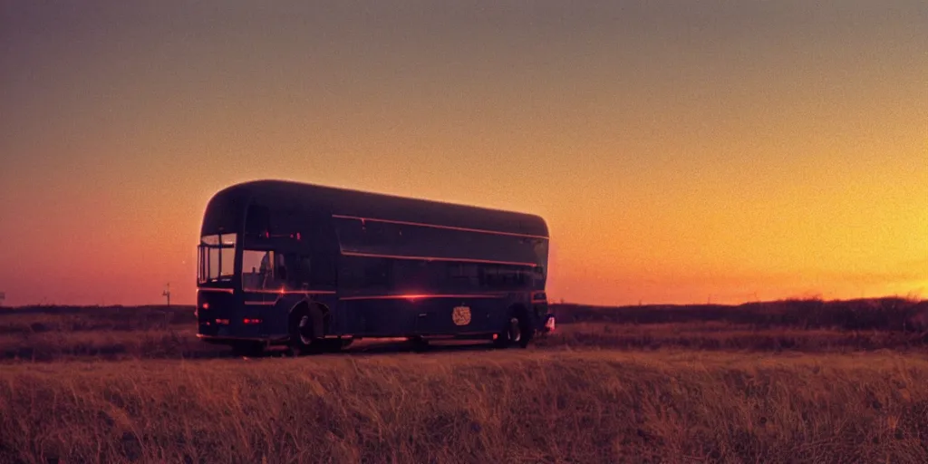 Image similar to an infinitely long greyhound bus never ending, sunset, eerie vibe, leica, 2 4 mm lens, cinematic screenshot from the 2 0 0 1 surrealist film directed by charlie kaufman, kodak color film stock, f / 2 2, 2 4 mm wide angle anamorphic