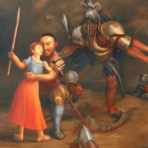 Image similar to painting of, a warrior dad protecting his little daughter, from the demons of life, highly detailed