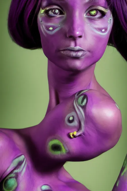 Image similar to purple - skinned alien girl, cosplay, photo shoot, body paint, beautiful symmetric face, studio lighting