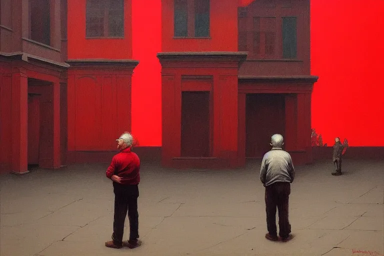 Image similar to only with red, a red old man try to sell a portrait, a crowd cheering, in a city square, in the style of beksinski, parts by edward hopper, parts by rodcenko, parts by yue minjun, intricate and epic composition, red by caravaggio, insanely quality, highly detailed, masterpiece, red light, artstation, 4 k