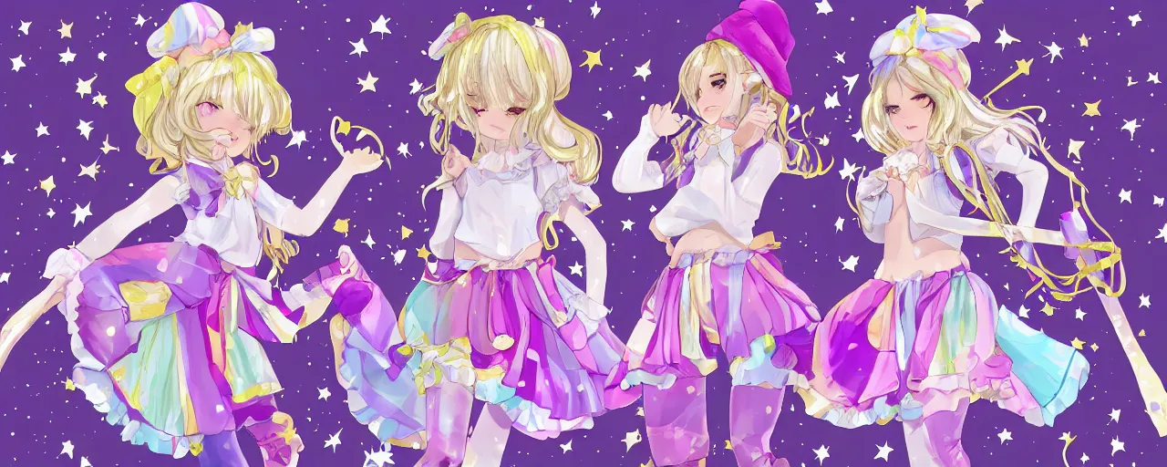 Image similar to A character sheet of full body cute magical girls with short blond hair wearing an oversized purple Beret, Purple overall shorts, Short Puffy pants made of silk, pointy jester shoes, a big billowy scarf, and white leggings. Rainbow accessories all over. Flowing fabric. Golden Ribbon. Covered in stars. Fancy Dress. Jasmine Pants. Lolita Dress. Short Hair. Art by william-adolphe bouguereau and Paul Delaroche and Alexandre Cabanel and Lawrence Alma-Tadema and WLOP and Artgerm. Fashion Photography. Decora Fashion. harajuku street fashion. Kawaii Design. Intricate, elegant, Highly Detailed. Smooth, Sharp Focus, Illustration Photo real. realistic. Hyper Realistic. Sunlit. Moonlight. Dreamlike. Fantasy Concept Art. Surrounded by clouds. Artist Clothes. Painter Clothes. Dreamer. 4K. UHD. Denoise.