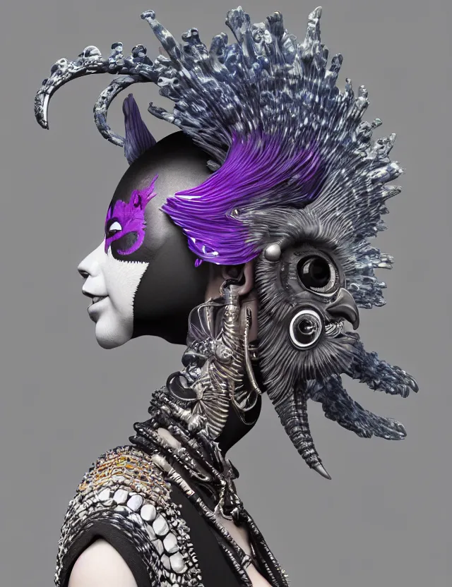 Image similar to 3 d goddess close - up profile portrait punk with mohawk with ram skull. beautiful intricately detailed japanese crow kitsune mask and clasical japanese kimono. betta fish, jellyfish phoenix, bio luminescent, plasma, ice, water, wind, creature, artwork by tooth wu and wlop and beeple and greg rutkowski