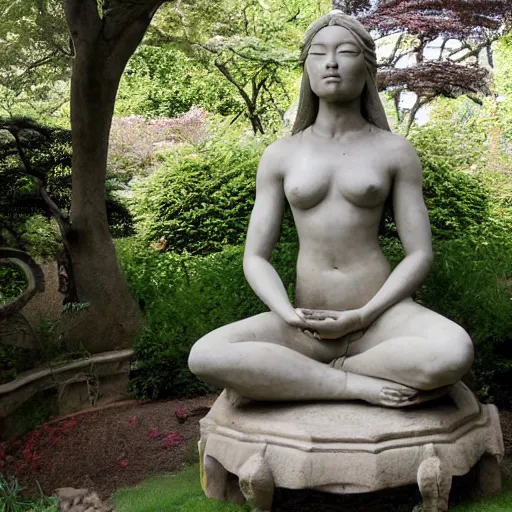 Image similar to marble statue of naomi campbell meditating in a rococo japanese garden