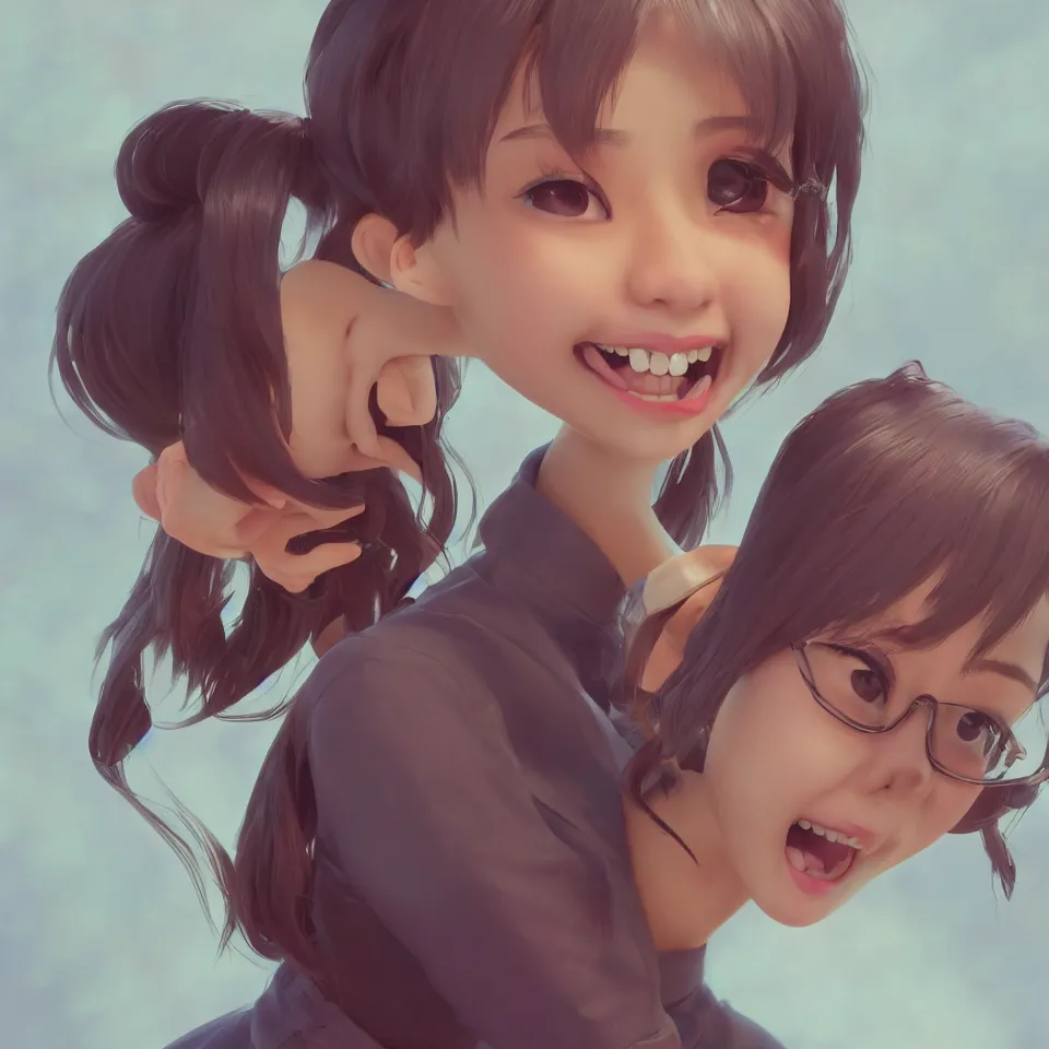 Image similar to a cute Asian girl singing, short stylish hair in the style of DreamWorks animation, mid-shot, low angle view, 16mm lens, award winning, hyper detailed, studio lighting, artstation, octane renderer, unreal engine