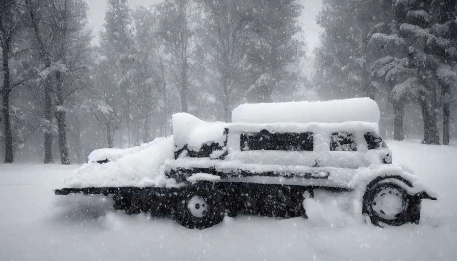 Image similar to snowplow covered by snow in beautiful winter landscape. fog, snowstorm, photorealistic rendering, octane, depth of field, blurry