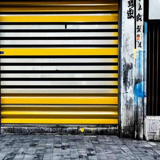 Prompt: Taiwan small alleyway corrugated aluminium roller shutter doors, concrete rendering, concrete poles with yellow and black diagonal thick warning lines for the scooters