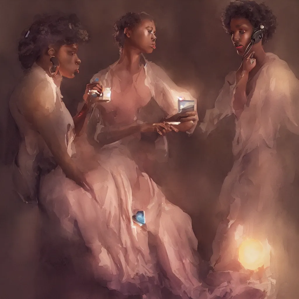 Image similar to a beautiful watercolor painting of a telephone and a young black woman, intricate, elegant, highly detailed, digital painting, artstation, concept art, art by delphin enjolras and george pemba, smooth, sharp focus, dynamic lighting, ultrarealistic, cinematic, octane render, 8 k