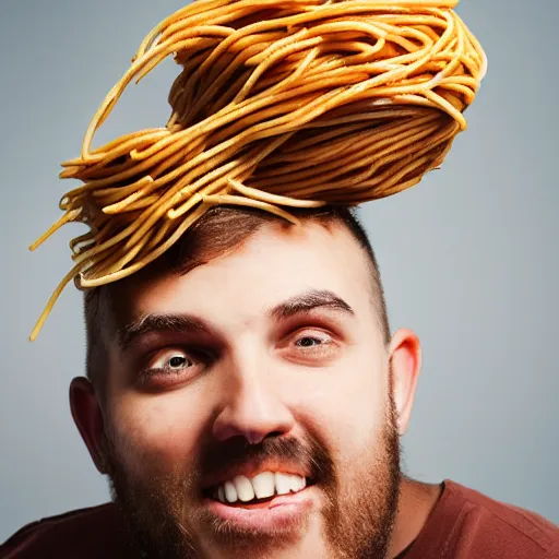 Image similar to man with spaghetti on top of his head, studio photography