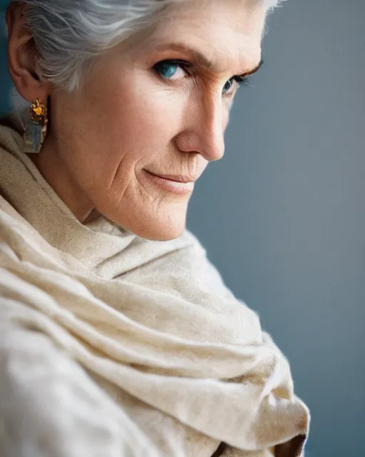 Prompt: A portrait of 18 year old Maye Musk, highly detailed, trending on artstation, bokeh, 90mm, f/1.4