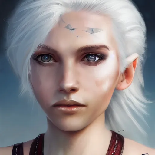 Image similar to fantasy portrait of a female human adventurer with white skin, white hair, white eyes without pupils, slightly - pointed ears, short wavy hair, eyebrow scar, trending on artstation, ethereal, gentle smile, friendly, glowing, angled