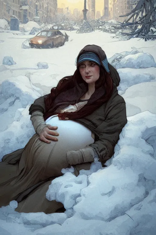 Image similar to portrait of a pregnant woman in the besieged Leningrad in winter, terror, fear, digital painting, artstation, concept art, smooth, sharp focus, illustration, art by artgerm and greg rutkowski and alphonse mucha