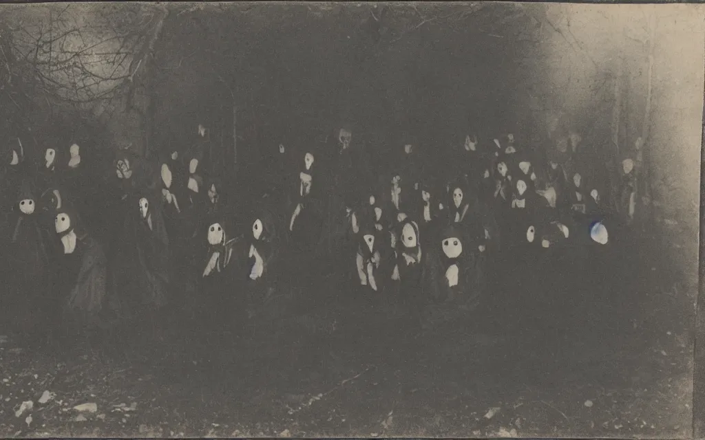 Prompt: 19th century photo of a cult dark old cultists wearing masks in dark forest late night with fireplace by Louis Daguerre