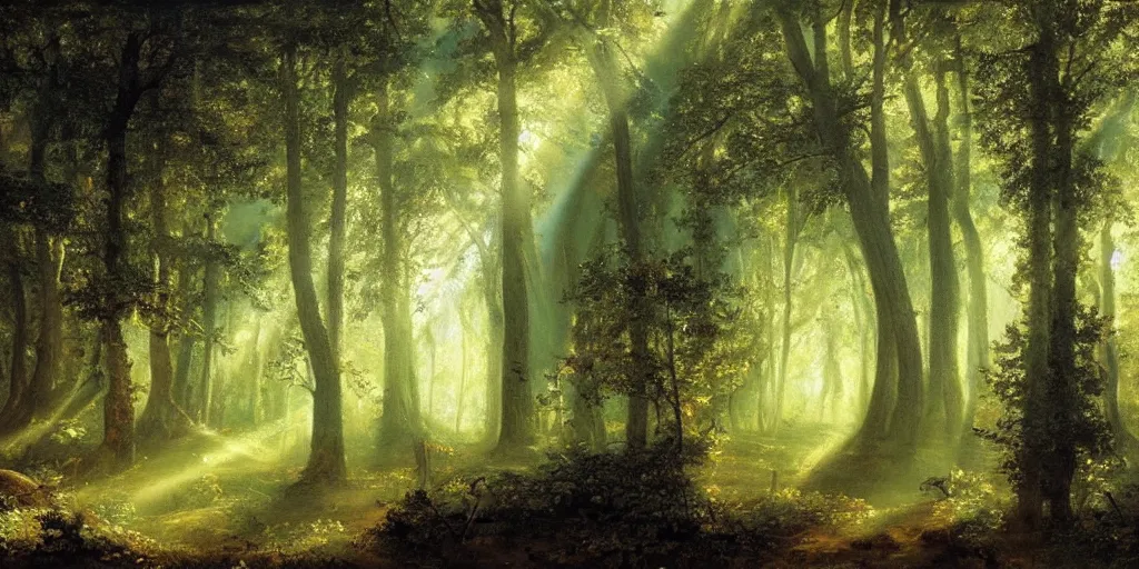 Prompt: a bright oil painting of a forest with rays of light coming through the canopy; masterpiece; extremely-detailed; by Carravaggio