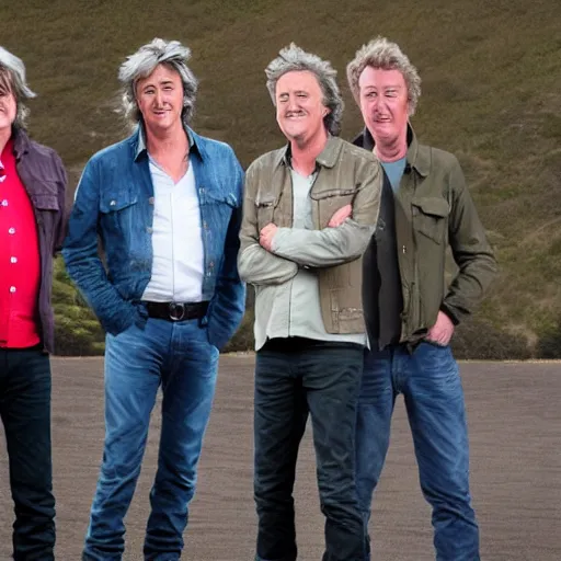 Prompt: richard hammond, james may and jeremy clarkson presenting top gear