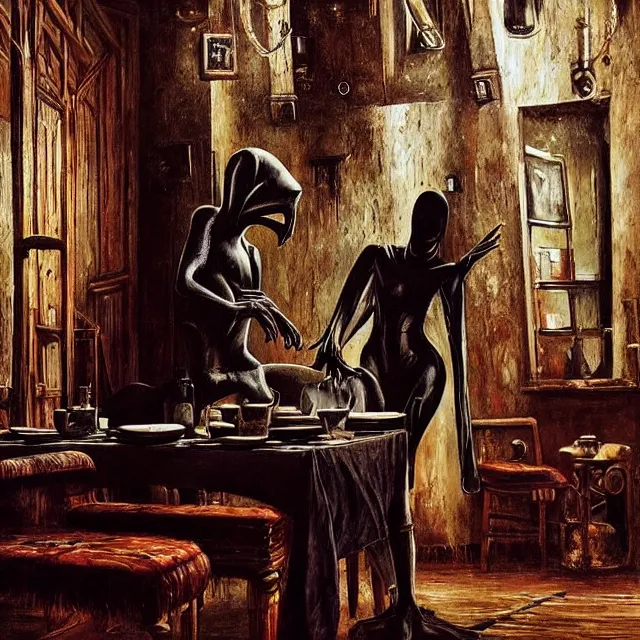 Prompt: a strange creature greeting a female explorer in a dining room, haunted house, masterpiece, rhads!!!, magical realism, urban fantasy, a hooded figure, a fierce woman, ( h. r. giger )