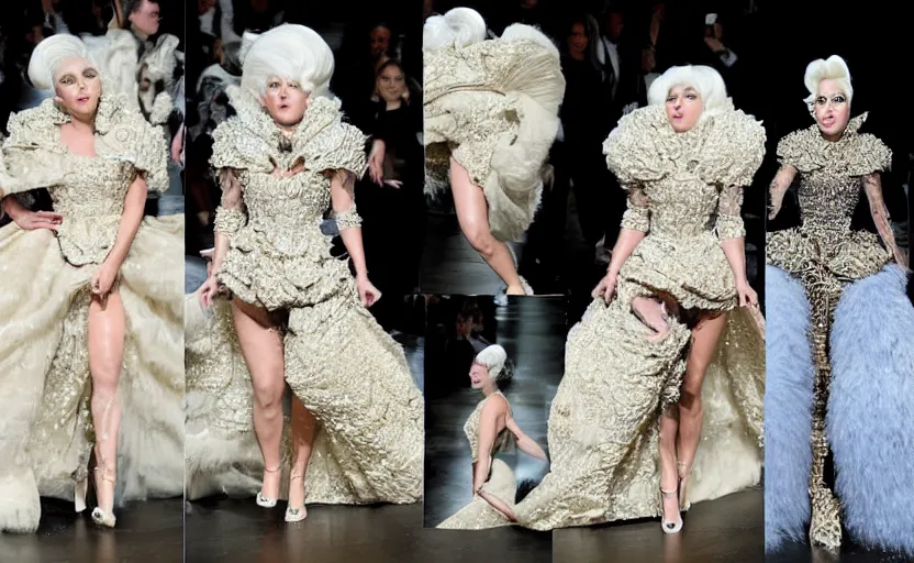 Prompt: lady gaga walking the runway in an alexander mcqueen archive collection at paris fashion week