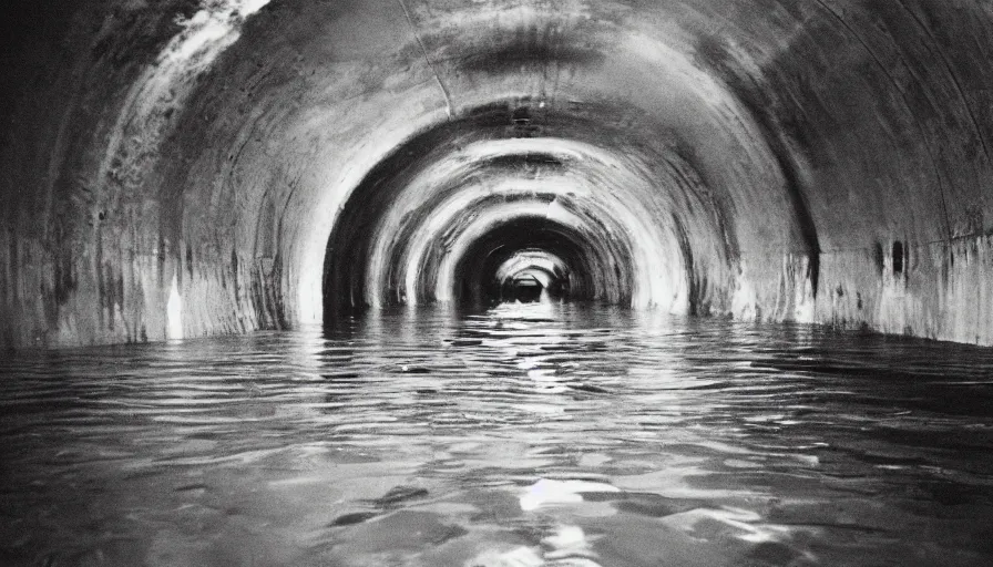 Image similar to 7 0 s movie still of an empty soviet stalinist style tunnel flooded in water, eastmancolor, heavy grain, high quality, high detail