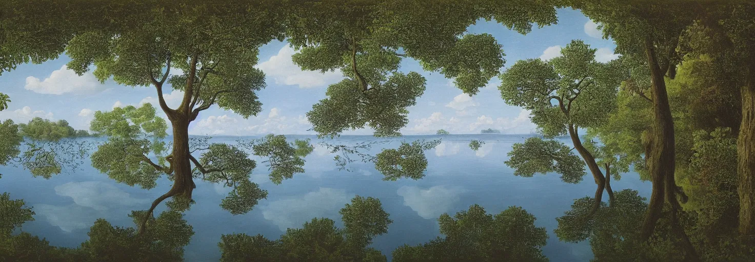 Image similar to escher painting of a lake, big trees reflecting on lake surface, ultra sharp, ultra detailed, colorized by salvador