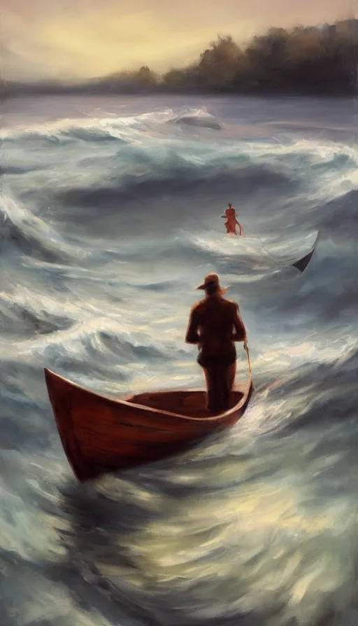 Image similar to man on boat crossing a body of water in hell with creatures in the water, sea of souls, by emilia wilk