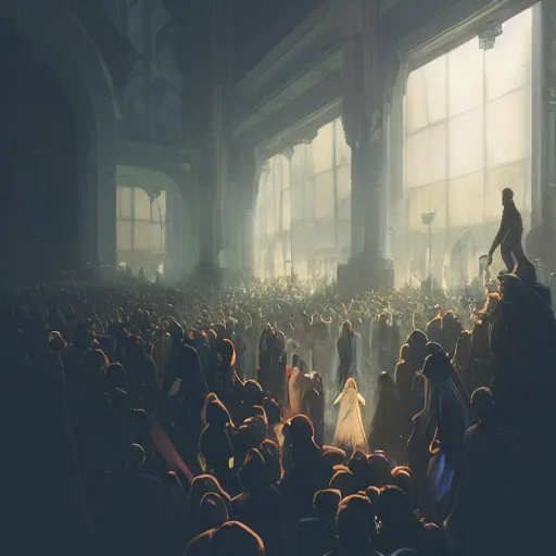 Prompt: a hyperrealistic wide render of people circulating a big black cube, worship, holy, by WLOP,Artgerm,Greg Rutkowski,Alphonse Mucha, Beautiful dynamic dramatic dark moody lighting,shadows,cinematic atmosphere,Artstation,concept design art,Octane render,8K