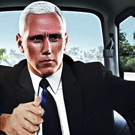 Prompt: Mike Pence Vice President in the back seat of the car in the opening scene of Reservoir Dogs screaming I'm Gonna Make It!, cinematic 35 mm HDRI photo real octane render