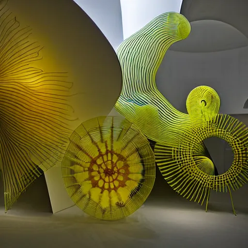 Image similar to x - ray architectural section installation, art exhibition, biennale, minimalistic, lush abstract graphic shapes. victor horta, chihuly infected by night, extremely emotional abstract surrealist architecture. elegant minimalism. highly detailed. sharp focus. very lifelike organic forms with melancholic geometry