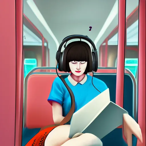 Prompt: a JK Girl listening to music on the bus, artstation, professional, very detail