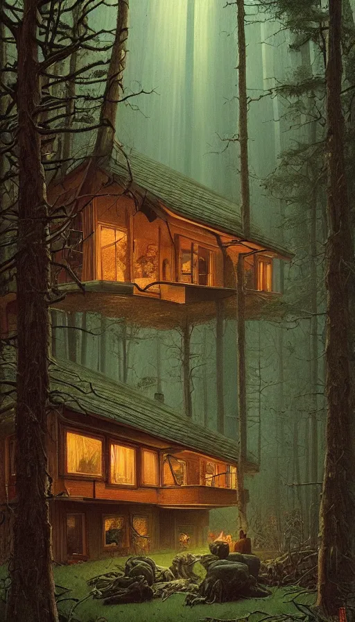 Image similar to cozy home in the woods moody lighting, highly detailed, painting by zdzisław beksinski and norman rockwell and greg rutkowskiweta studio, and lucasfilm