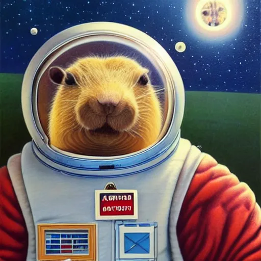 Image similar to beautiful detailed and adorable portrait of a capybara astronaut in a spacesuit by casey weldon by mark ryden by thomas blackshear, super cute, new contemporary, pop surrealism, oil painting