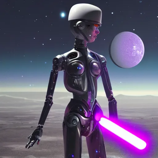 Prompt: humanoid robot wielding lightsaber in front of a violet planet, unreal engine, featured on cgsociety, trending on artstation, scifi futuristic character concept