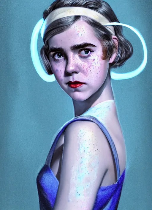 Image similar to portrait of kiernan shipka with freckles, white hair, 1 9 6 0 s bob hairstyle with bangs and hairband, blue 1 9 6 0 s dress, intricate, elegant, glowing lights, highly detailed, digital painting, artstation, concept art, smooth, sharp focus, illustration, art by wlop, mars ravelo and greg rutkowski