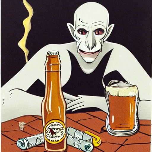 Image similar to portrait of nosferatu lying on the beach, aside a table with beer garlic cigarettes,